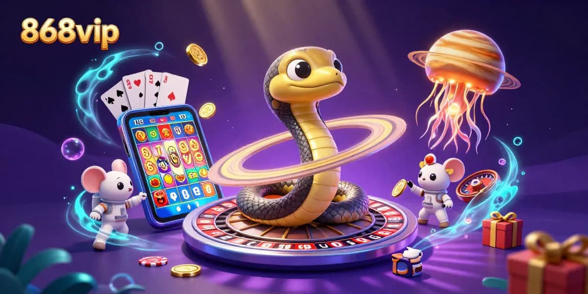 Betting action at 868vip casino illustrated with a cosmic theme featuring a Saturn ring snake and golden jellyfish.