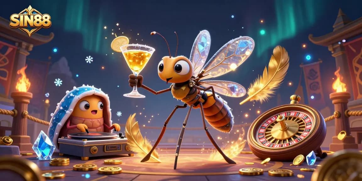 SIN88 casino mascot frozen in amber brings luck at a vibrant casino scene with exciting elements.