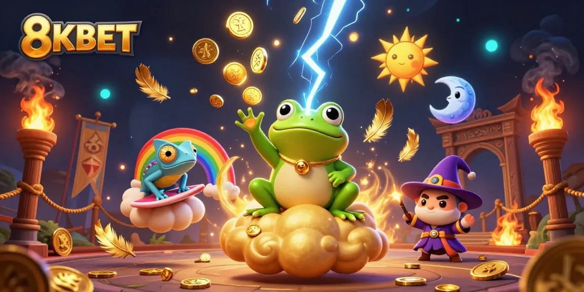 Experience thrilling gaming moments at 8KBET as golden coins cascade amidst enchanting characters.