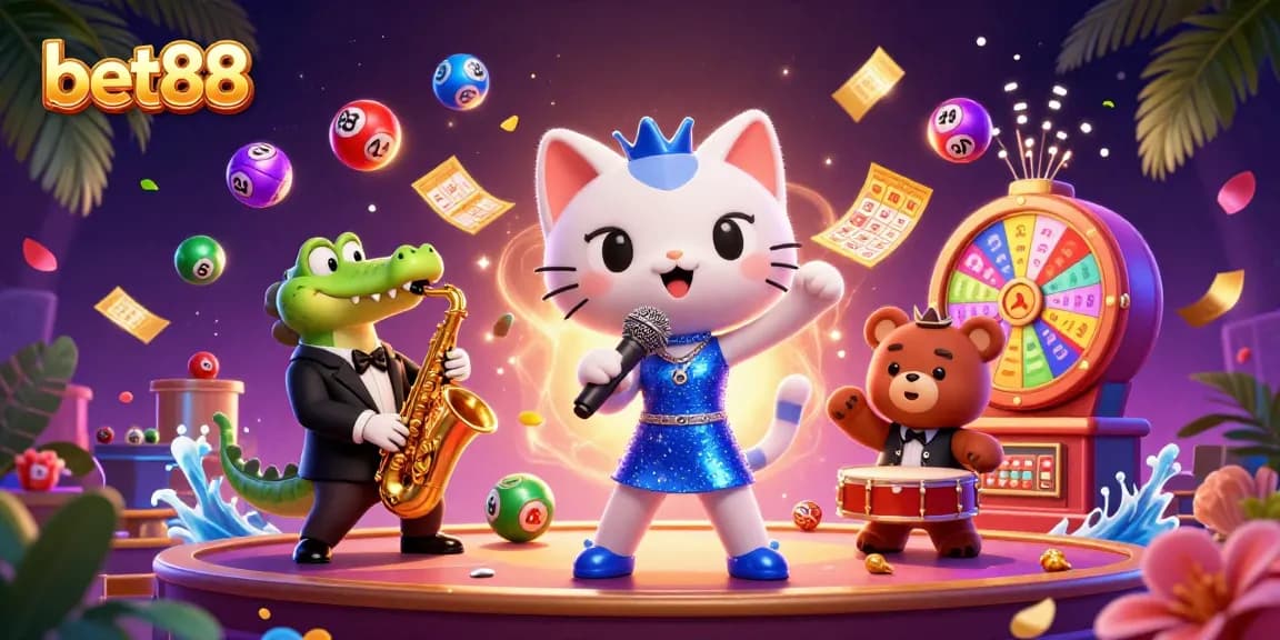 Win big with bet88 in this vibrant casino scene featuring lively characters and dynamic gaming elements.