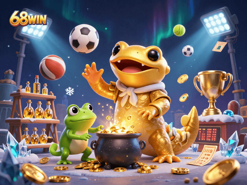 Engage with 68WIN as a golden salamander alchemist creates wealth in a magical casino world.