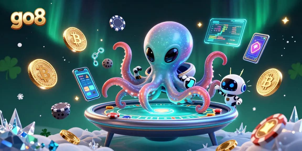 Engage with go8's thrilling casino experience featuring a vibrant scene with colorful characters.