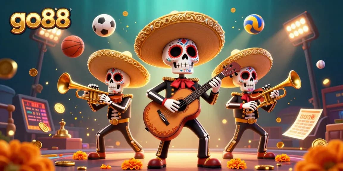 Bet on go88 with vibrant mariachi band, sports elements, and dynamic action.