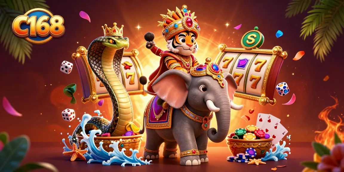 Experience winning action at C168 with vibrant slot reels, cheerful symbols, and a majestic elephant.