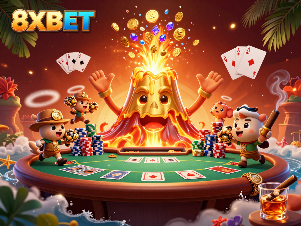 Experience the excitement at 8XBET with a dynamic casino scene featuring a treasure volcano, poker elements, and vibrant artwork.