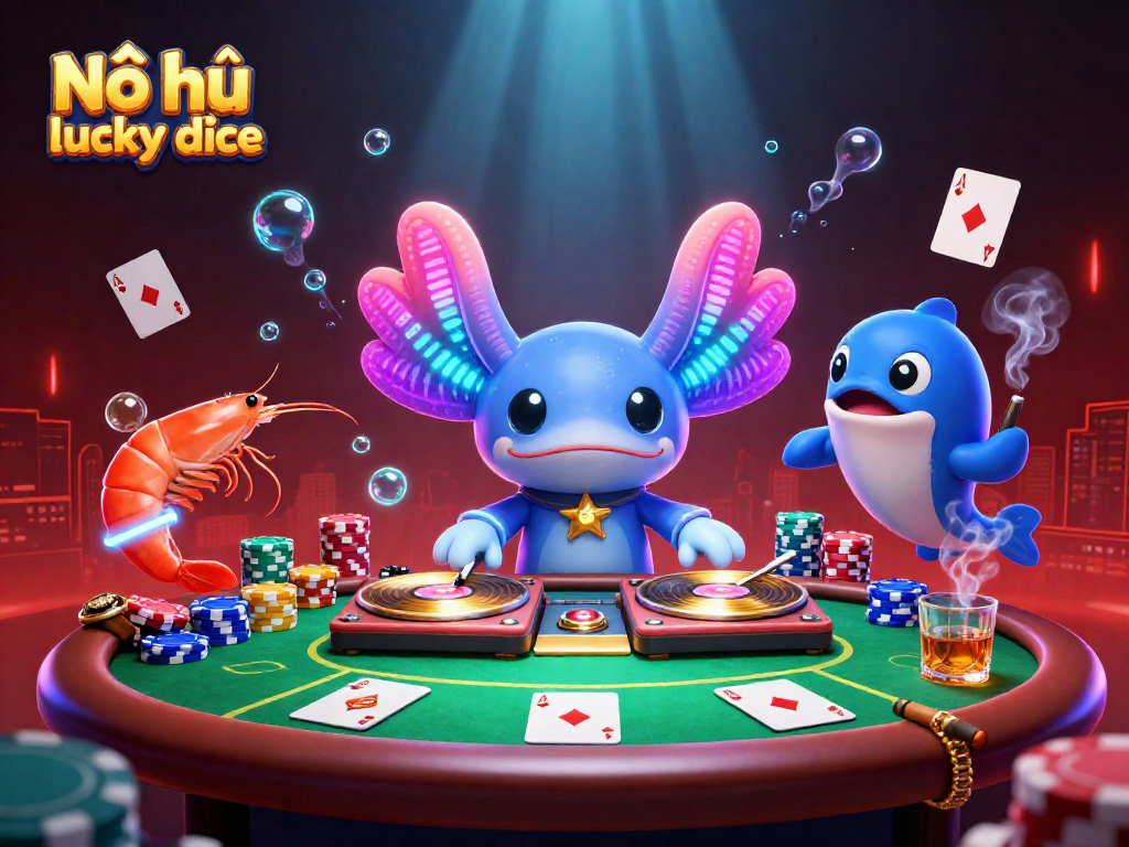 Nổ hũ lucky dice showcases vibrant gaming atmosphere with characters celebrating.