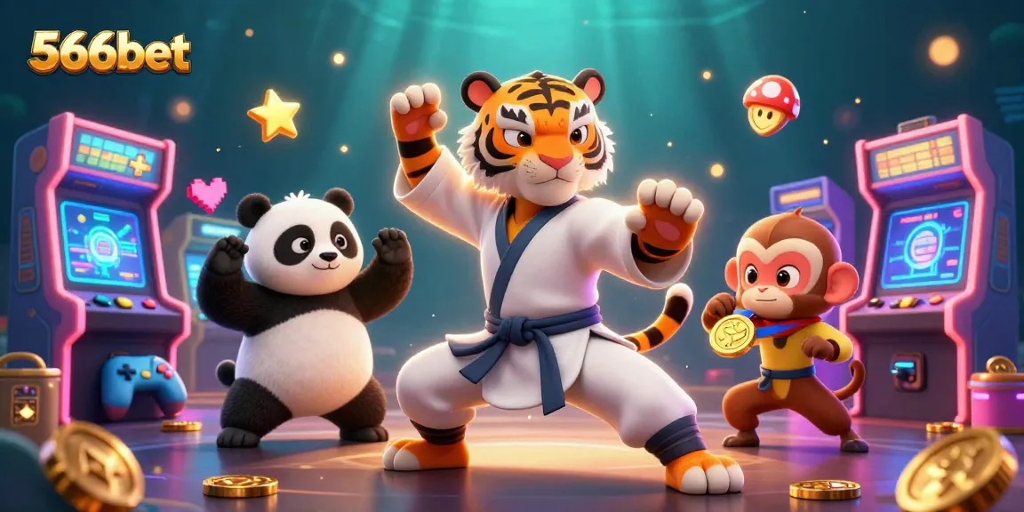 Experience the excitement of 566bet with a dynamic scene featuring fun characters and vibrant casino game elements.