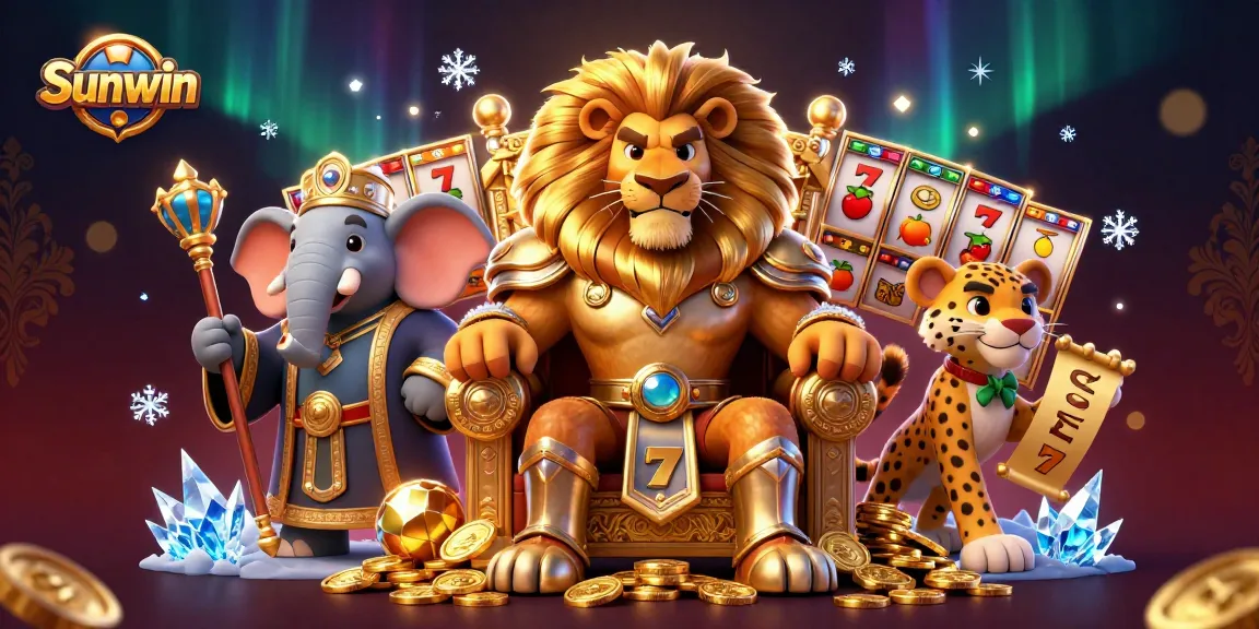 Experience the thrills of Sunwin with a dynamic illustration featuring a lion king, elephant advisor, and a cheetah amidst casino excitement.