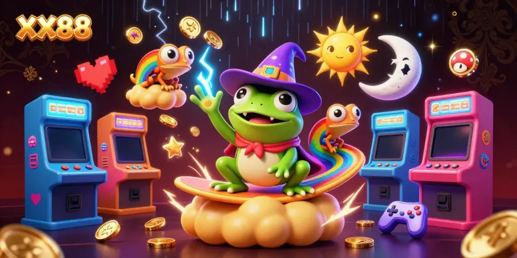 Engage in the magical world of XX88 with a vibrant 3D illustration showcasing a weather wizard frog amidst a wealth of golden coins.