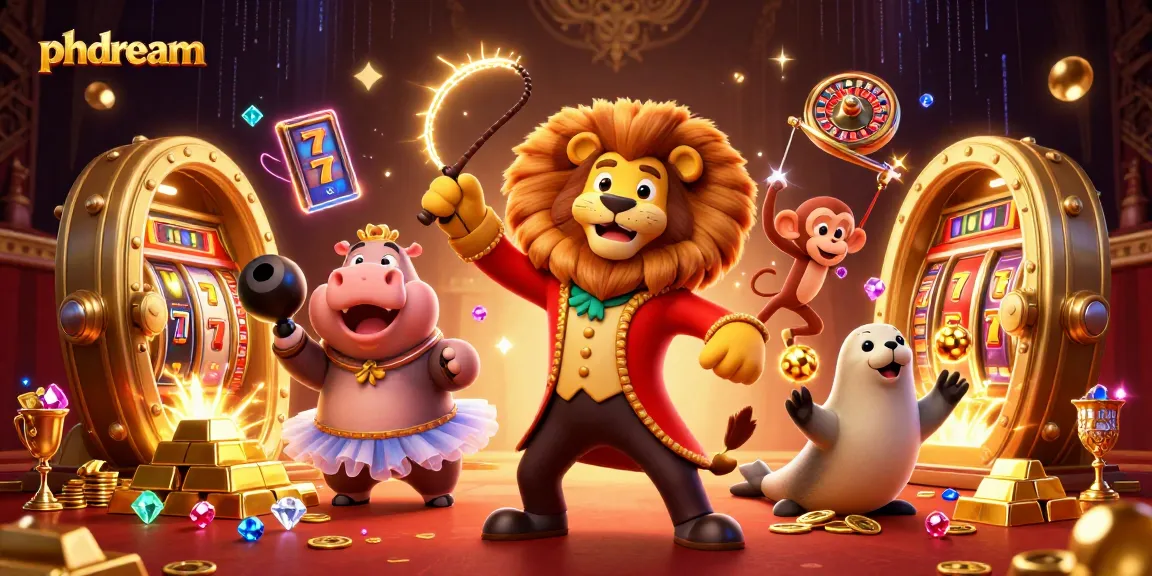 Engaging phdream casino illustration showcasing dynamic characters around exciting gaming elements like slot reels and roulette wheels.
