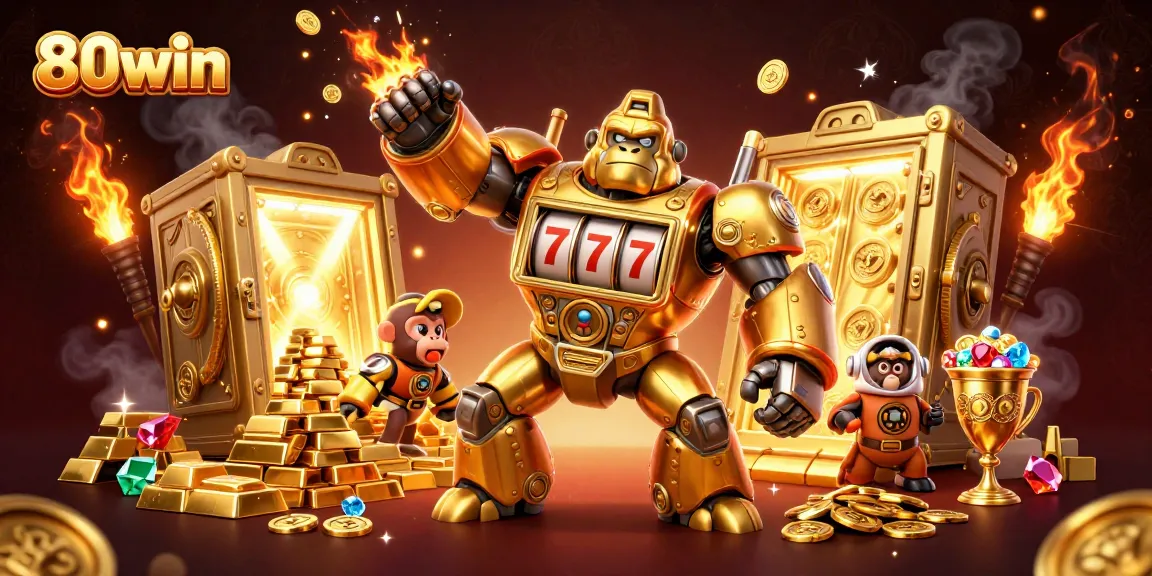 Experience the thrill of winning at 80win with dynamic casino-themed 3D illustration featuring a golden mech.