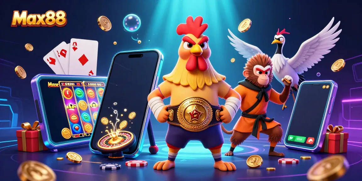 Exciting 3D scene of Max88 featuring a Muay Thai rooster, Shaolin monkey, and wise crane master engaging in a dynamic casino atmosphere.