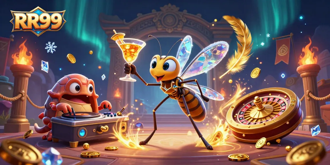 Experience the thrill of RR99 with a vibrant illustration showcasing casino fun, mascot, and iconic games.