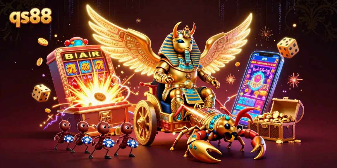 qs88 players engaging with a vibrant casino scene, showcasing slot machines, jackpots, and action-packed elements