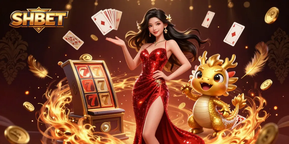 Engage in thrilling gaming at SHBET with stunning visuals of an Asian woman and golden dragon mascot.