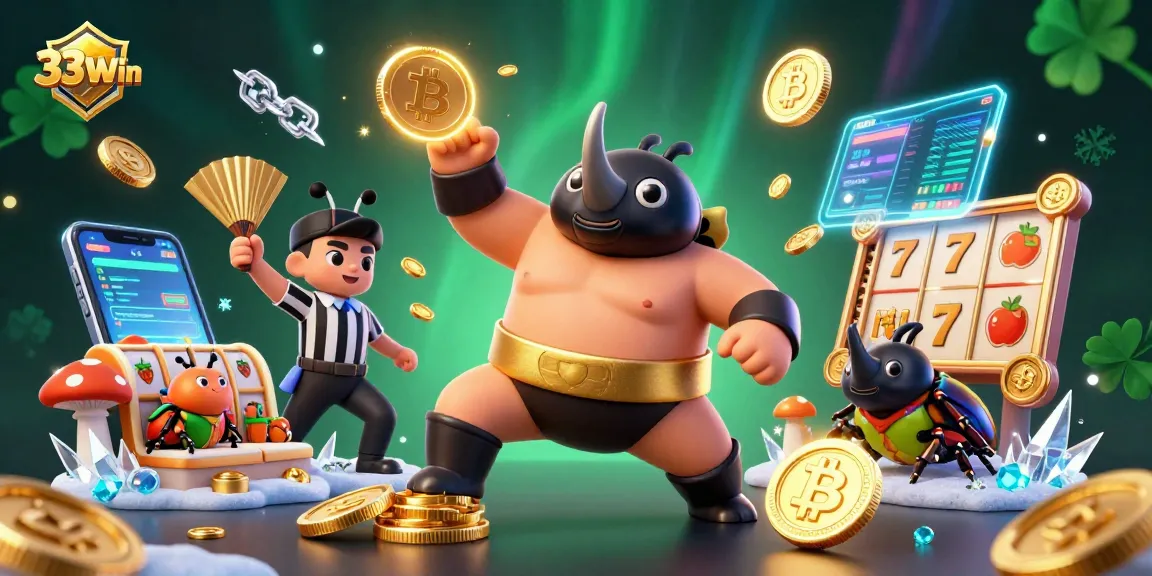 Experience the excitement of 33Win with a dynamic casino scene featuring unique characters and vibrant visuals.