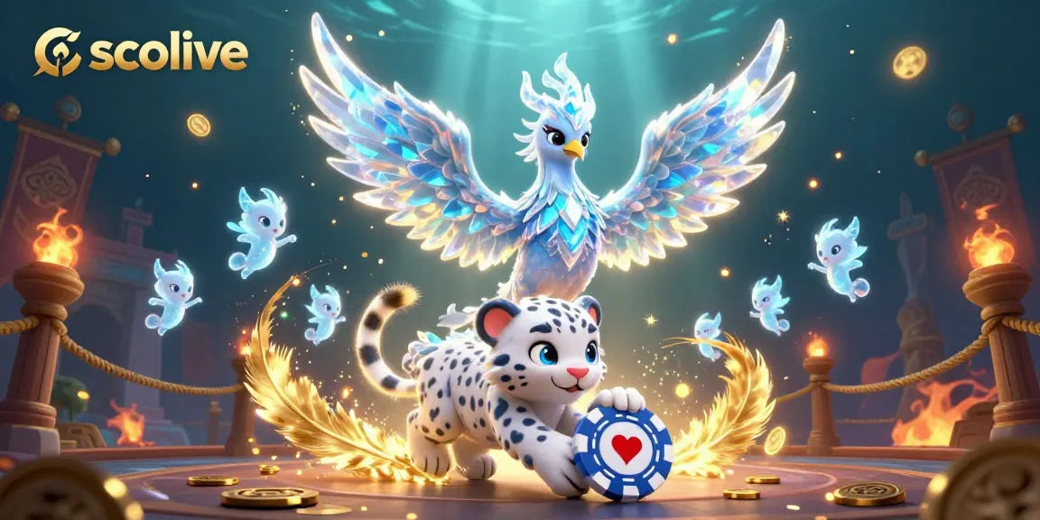 Socolive features a mesmerizing scene of an ice phoenix, snow leopard cub, and glowing sprites in a vibrant gambling arena.