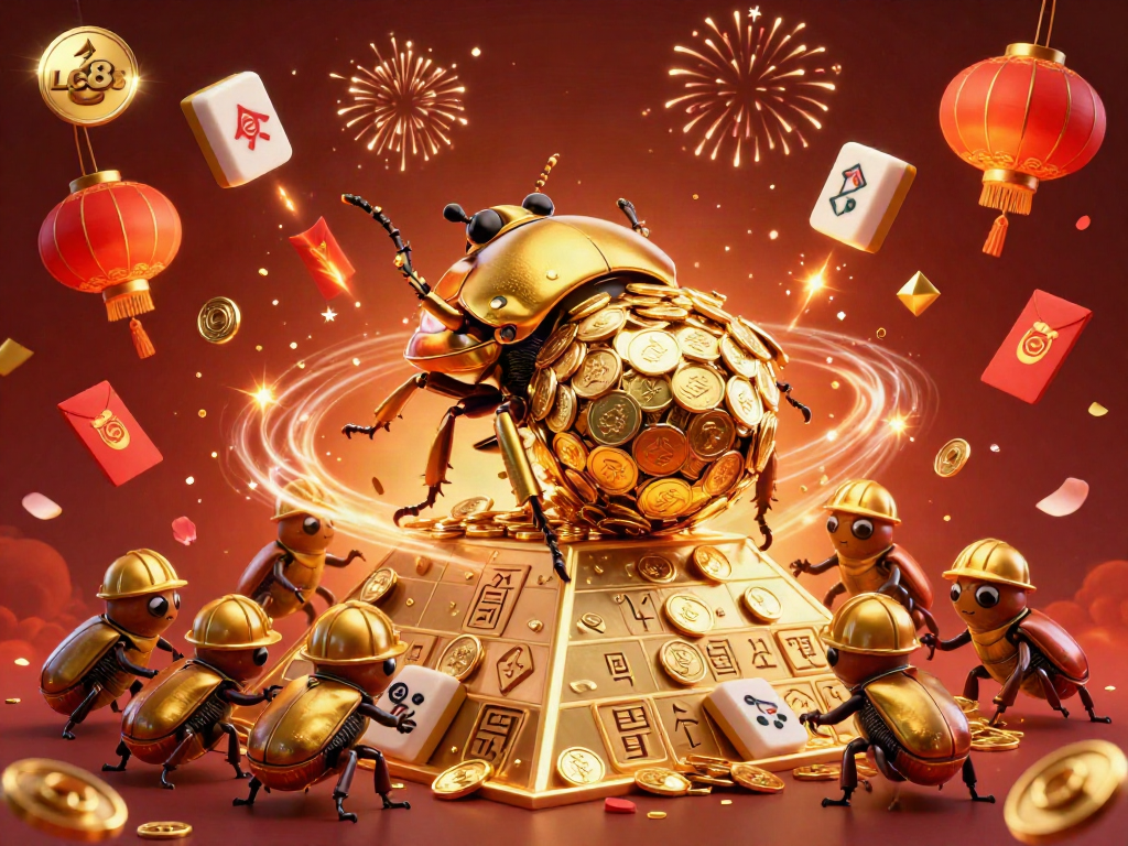 Engaging 3D illustration of LC88 showcasing a golden dung beetle, casino symbols, and festive elements in a vibrant scene.