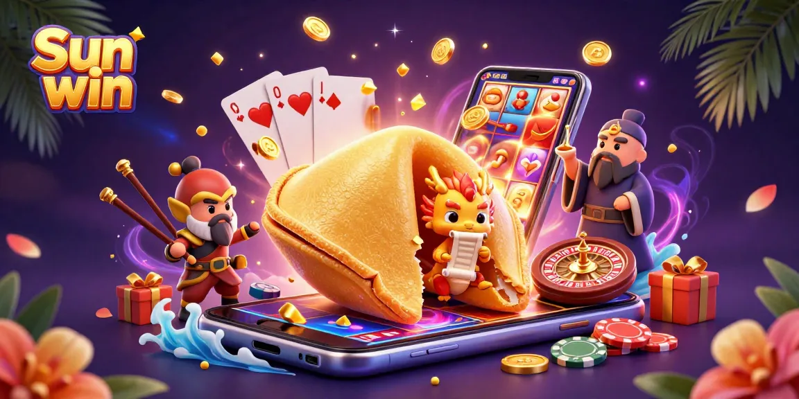 Spin the slots with Sun win in a vibrant 3D illustration featuring golden coins and fortune symbols.