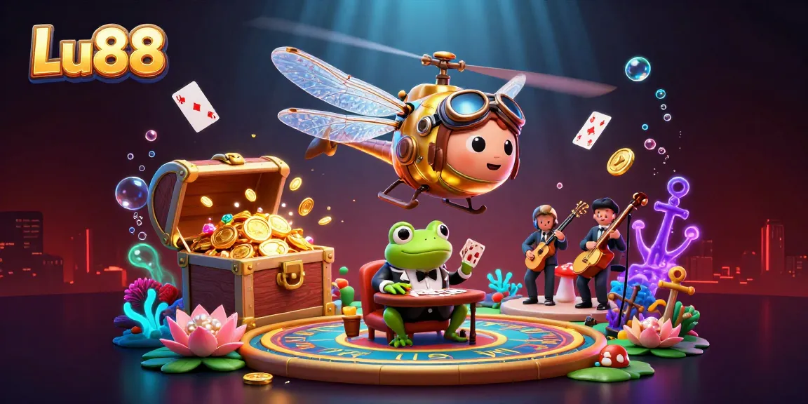 Engage in thrilling games at Lu88 with a vibrant casino scene featuring colorful characters and elements.