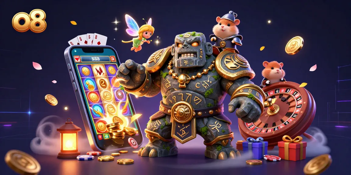 Engage with the dynamic o8 casino scene featuring a golem guardian and fairy magic amidst vibrant game elements.