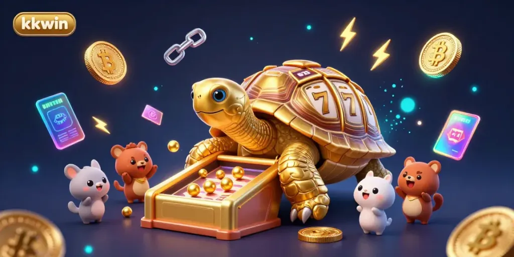 Experience the exciting gameplay of kkwin with dynamic illustrations of thrilling slot games and crypto elements.
