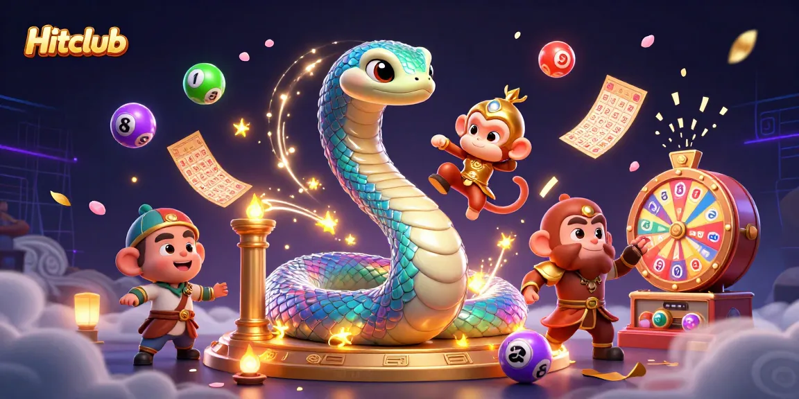 Experience excitement with Hitclub's vibrant lottery scene featuring colorful elements and magical characters.