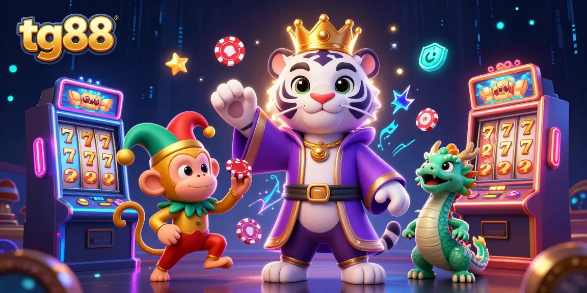 tg88 illustrates an energetic casino scene with a royal tiger, playful monkey, and interactive slot machines.