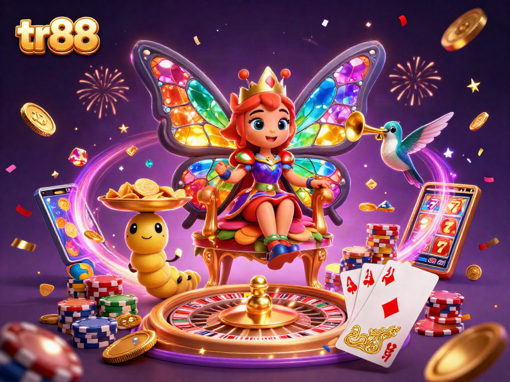 Spin the roulette wheel with tr88's butterfly queen amidst shimmering gems and casino celebrations