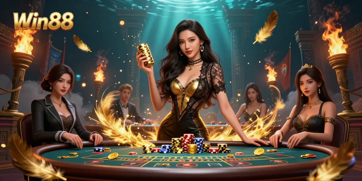 Win88 casino scene showcasing high-value chips and exclusive baccarat atmosphere