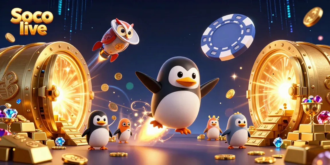 Soco live ignites excitement at the casino with a thrilling penguin chase in space showcasing vibrant jackpots and treasure.