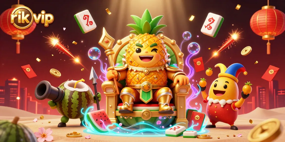 Experience the thrill of rik vip with a vibrant 3D casino illustration, showcasing a pineapple king and dynamic game elements.