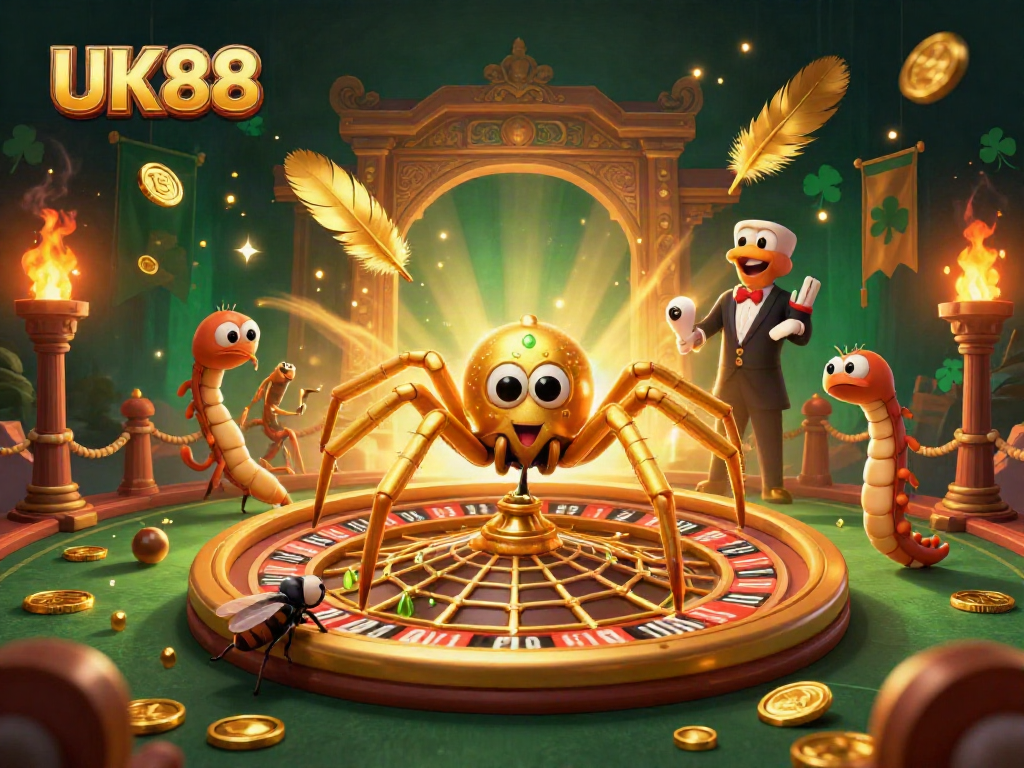 Experience thrilling bets with UK88 as the golden spider and fly engage in an intense gambling scene.