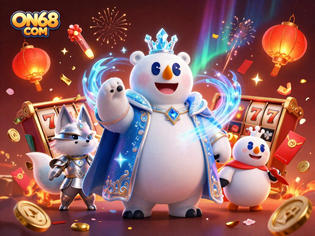 Engage with exciting rewards at ON68 COM amidst the festive casino atmosphere featuring vibrant symbols and characters.