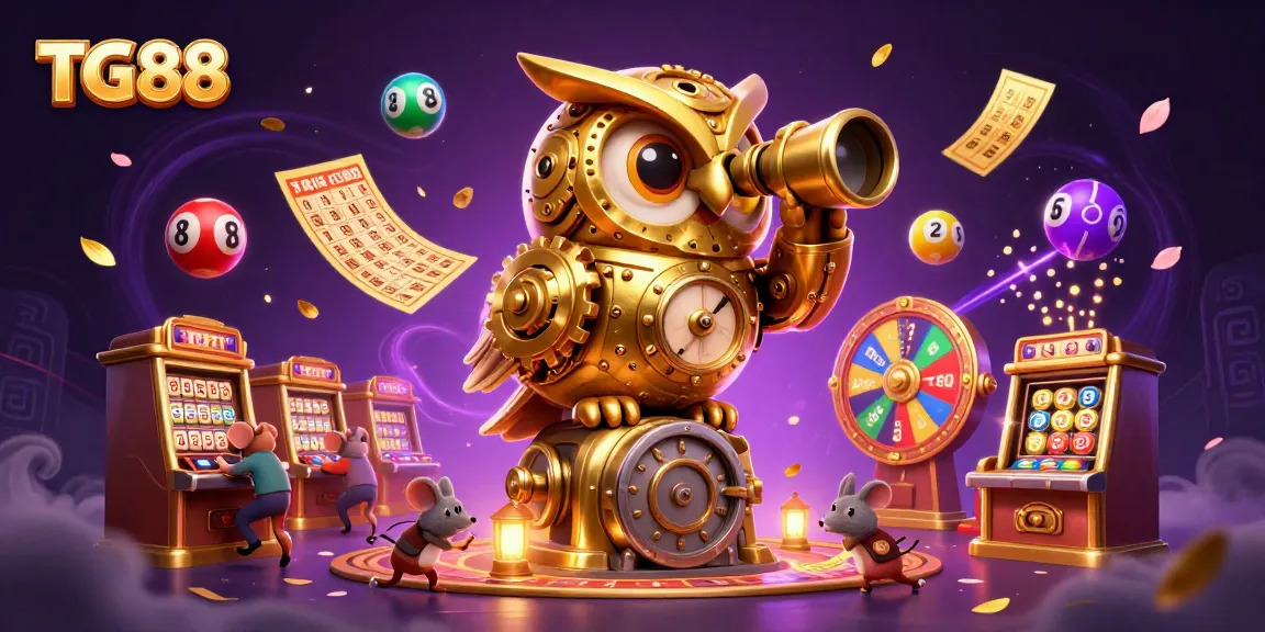 Experience the excitement of TG88 with a vibrant casino scene featuring a clockwork owl and playful mice.
