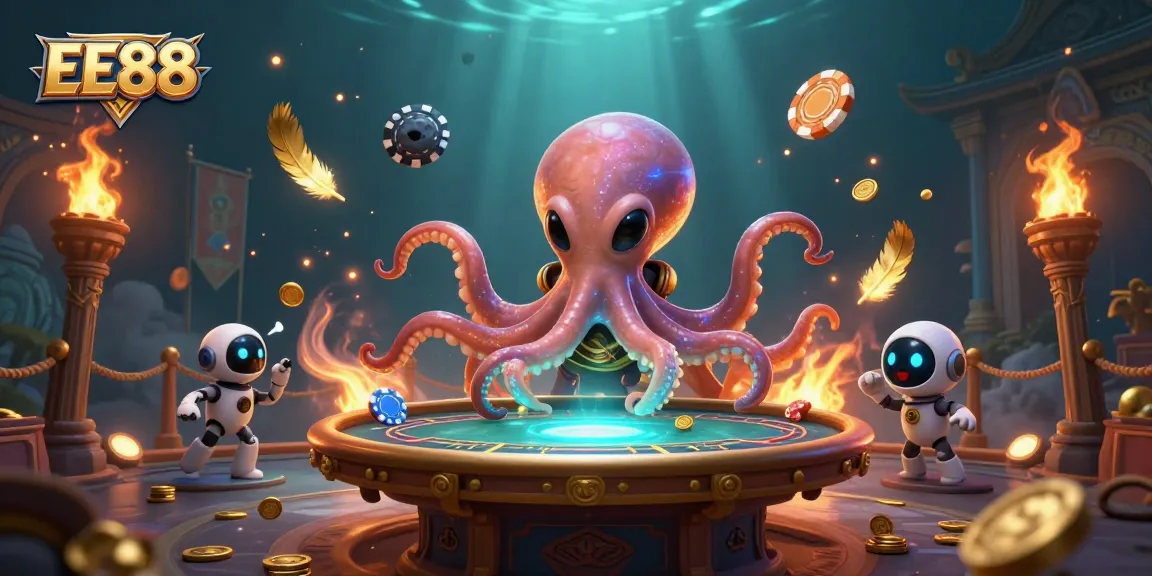 EE88 alien octopus engages in holographic poker with a tiny robot in a vibrant cosmic casino.