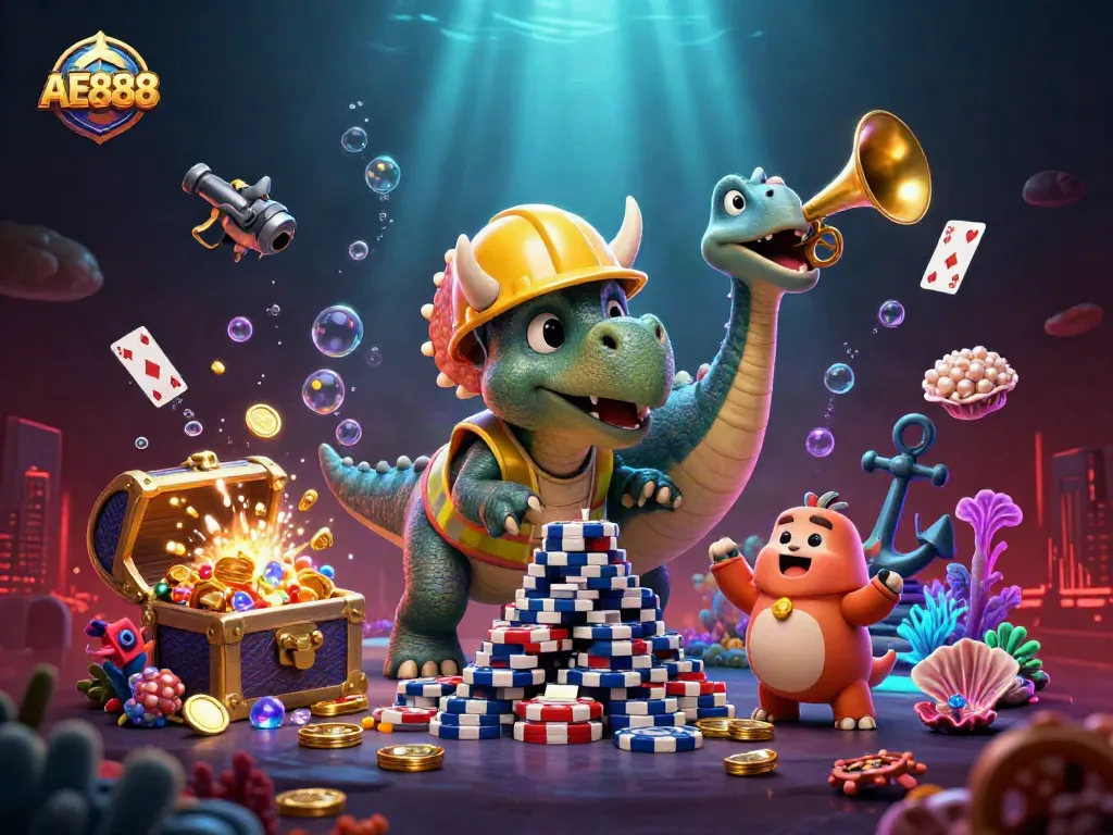 Celebrate wins at AE888 casino with vibrant characters and playful gaming elements in a lively scene.