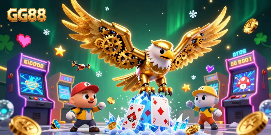 Experience the excitement of GG88 as a cybernetic eagle soars through holographic playing cards in a casino-themed digital illustration.