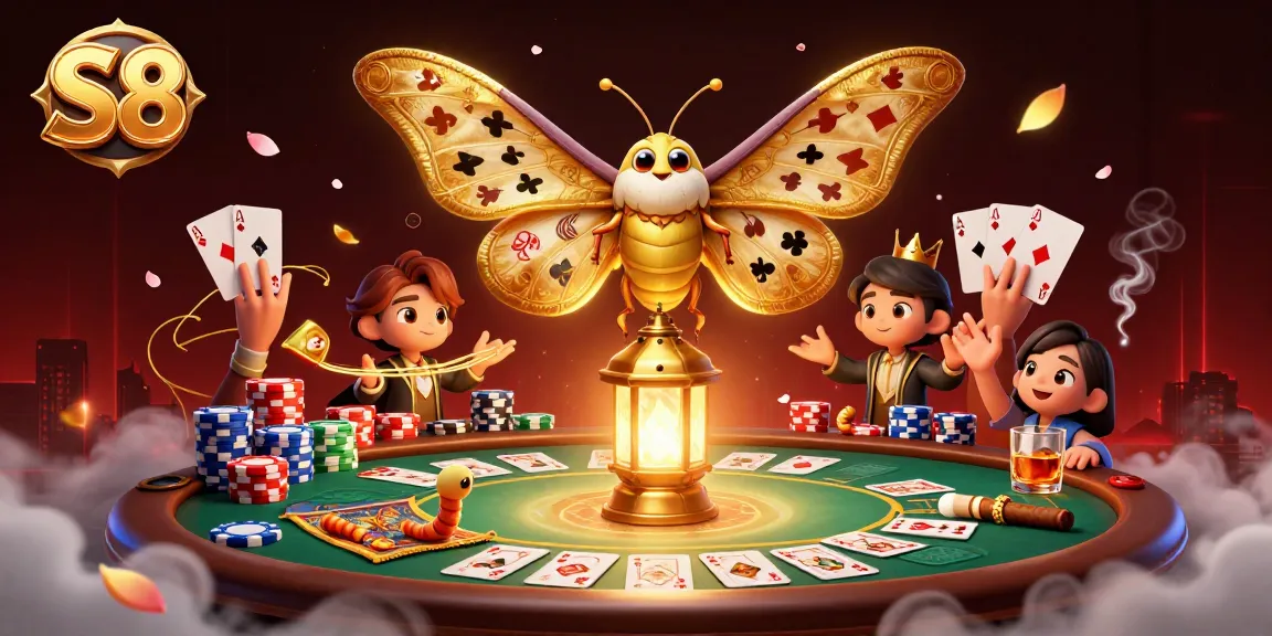 Experience exhilarating poker action at S8 with golden-winged moths and vibrant casino scenes.