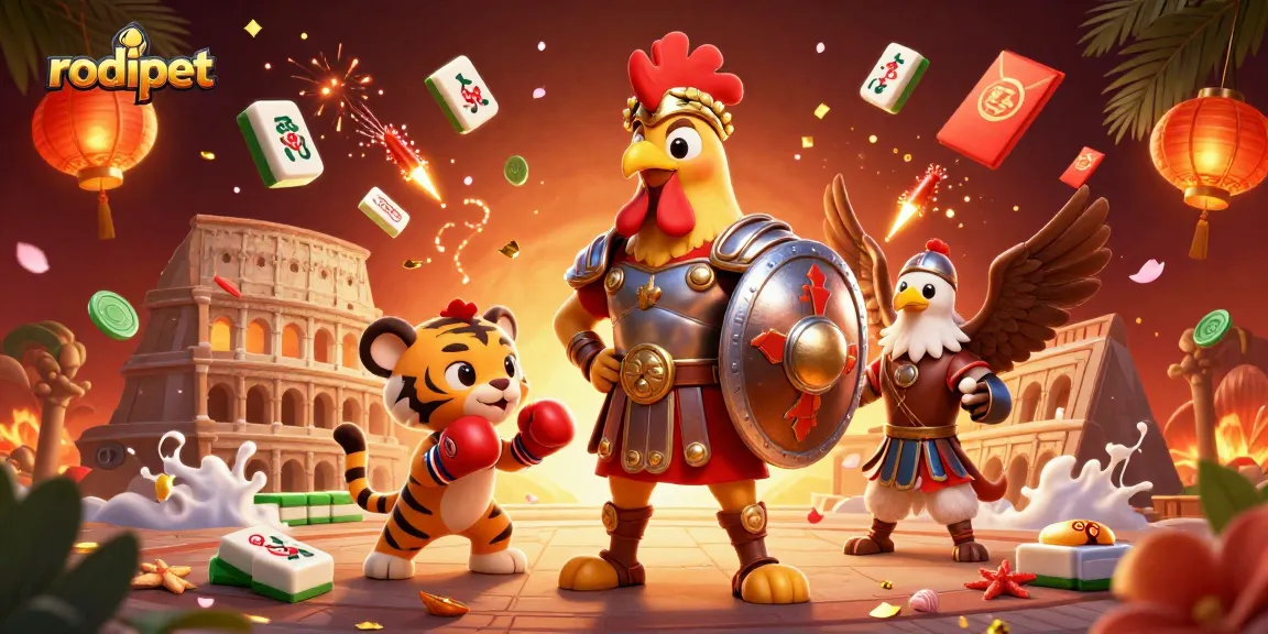 Engage with rodipet's vibrant gambling scene featuring a dynamic rooster gladiator amidst colorful casino elements.