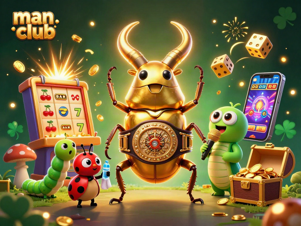 Experience the excitement at Man Club with dynamic scenes of slot machines and playful characters.