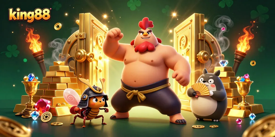Experience exciting adventures with king88 in this vibrant 3D casino illustration filled with treasures.