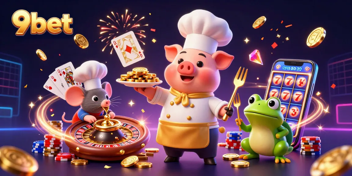 Experience exhilarating wins with 9bet at a vibrant casino scene featuring gold coins and playful characters.