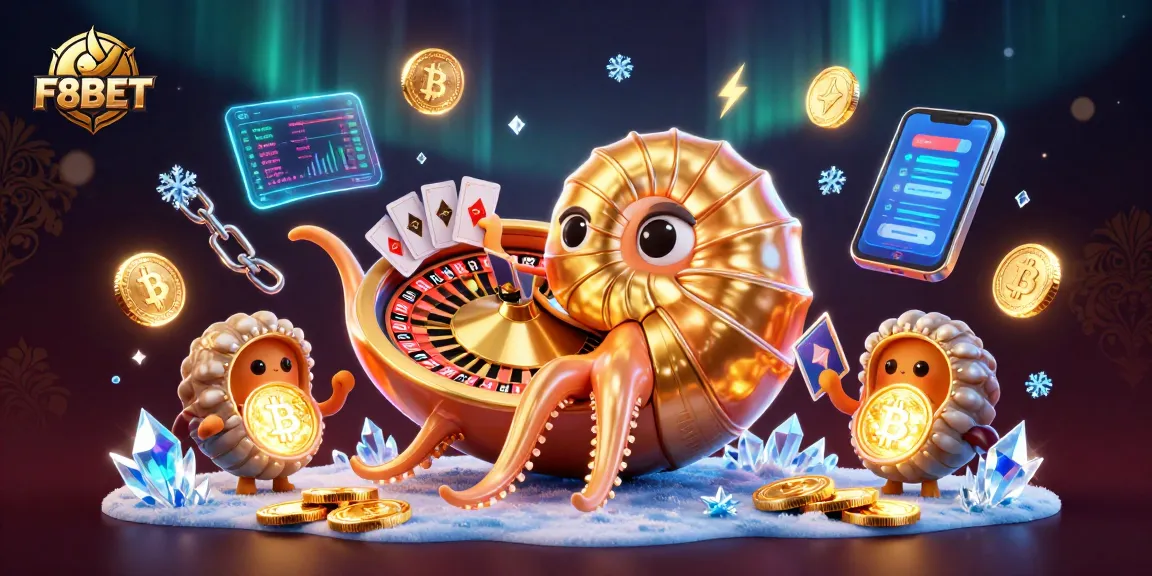 Experience F8BET's immersive casino world with a captivating 3D illustration featuring a giant nautilus and crypto elements.