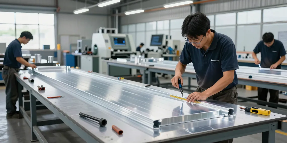 Aluminium fabrication workshop showing skilled artisans working on designs, highlighting the craft and innovation.