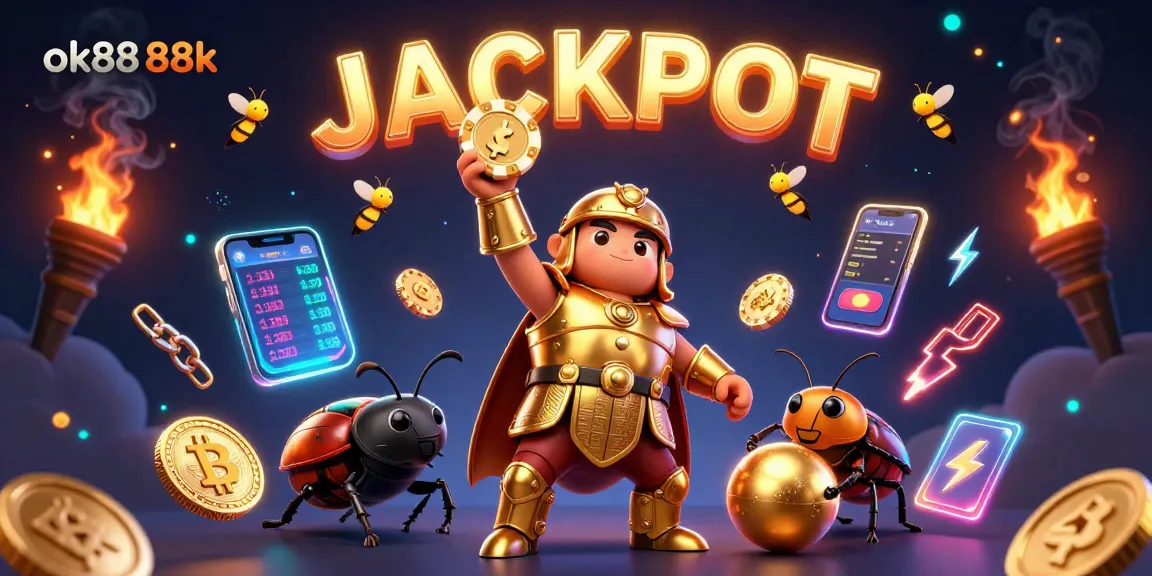 Engage with ok88 88k through dynamic 3D casino art featuring a victorious beetle and crypto elements.