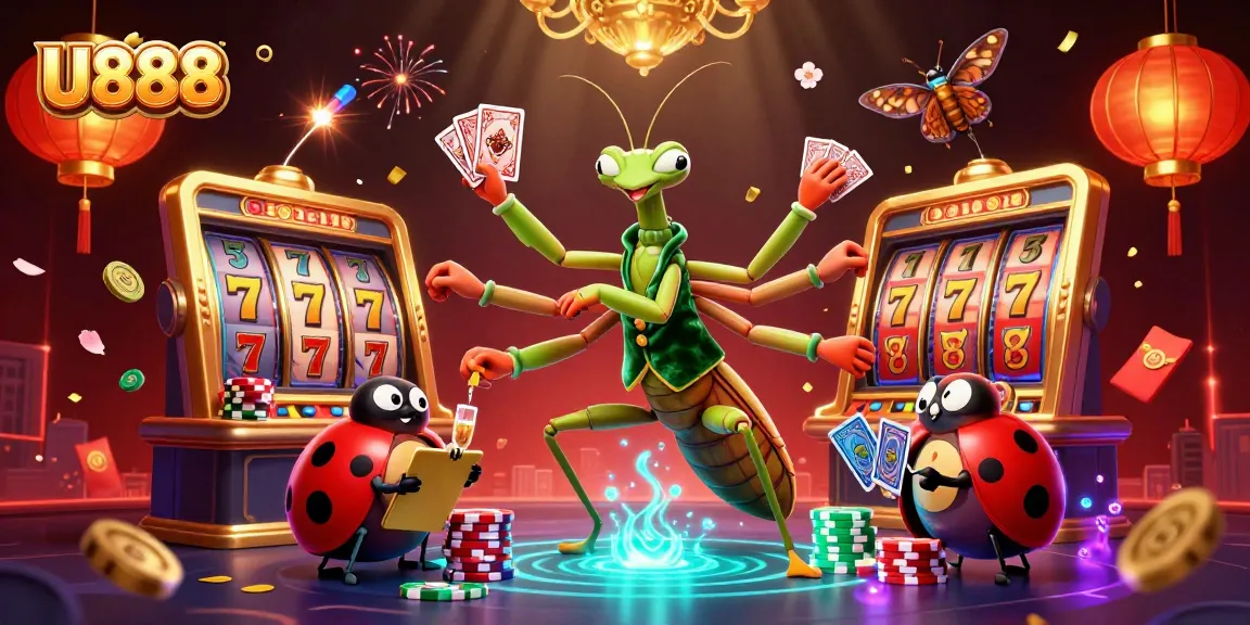 U888 players enjoy thrilling slot games in a vibrant casino atmosphere filled with colorful elements.