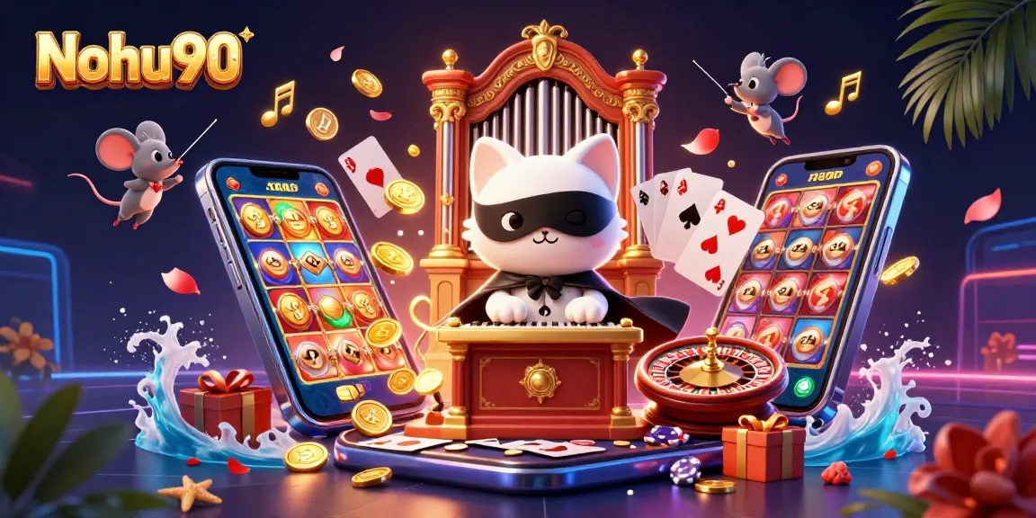 Nohu90 showcases dynamic slot gaming with spinning reels and jackpot excitement amidst a vibrant casino scene.