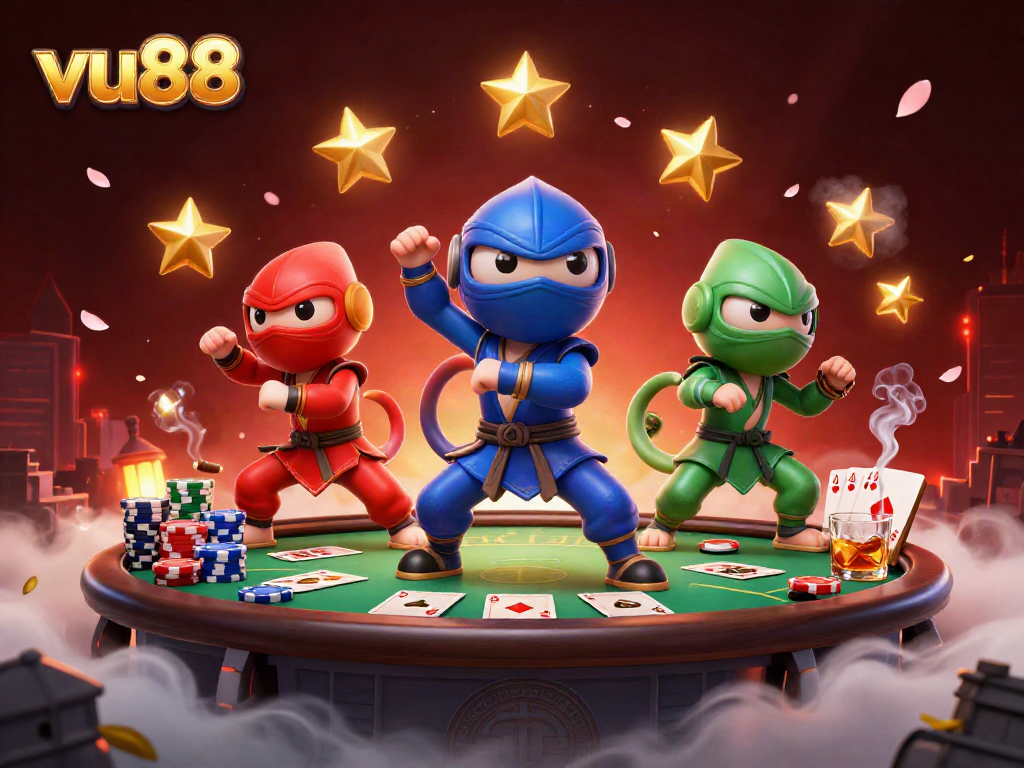 vu88 highlights a vibrant scene with chameleon ninjas showcasing poker skills in a dynamic casino environment.