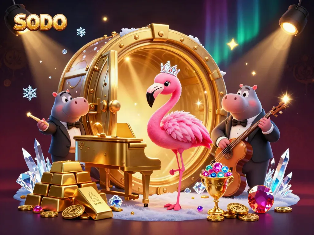 SODO invites players to hit the jackpot with vibrant casino action featuring a flamingo singer and hippo bassist.